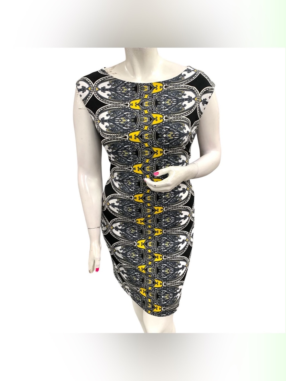 Joseph Ribkoff Printed Sheath Dress in Black, White & Yellow Size XL